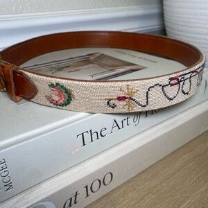 Needlepoint Fisherman Brass Buckle Leather Belt Sz 32” - GREAT CONDITION!